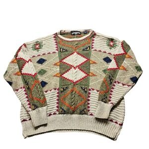 Thornton Bay Hand Knitted Geometric Sweater Mens XL Green Multi Color Vintage